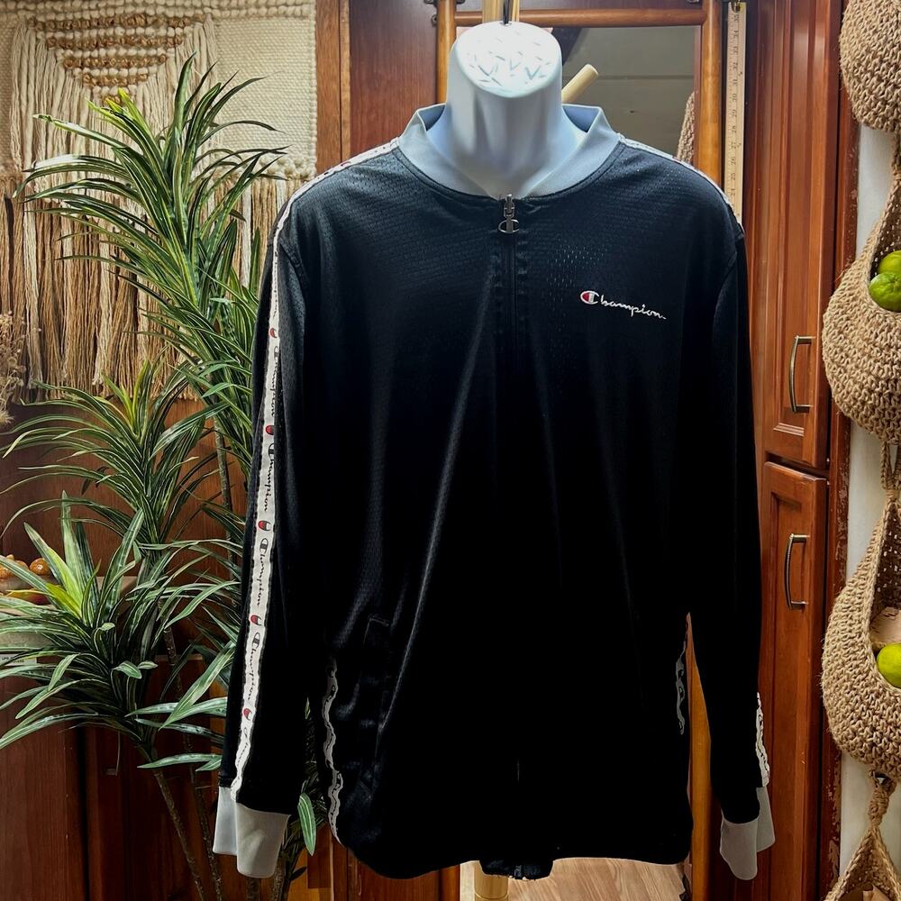 Champion Track Jacket Y2K L Black Logo Tape Sleeves Tropical Hawaiian Lined Zip